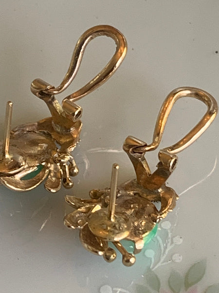 Vintage 14k Gold Jade Cabochon Earrings, A Pair