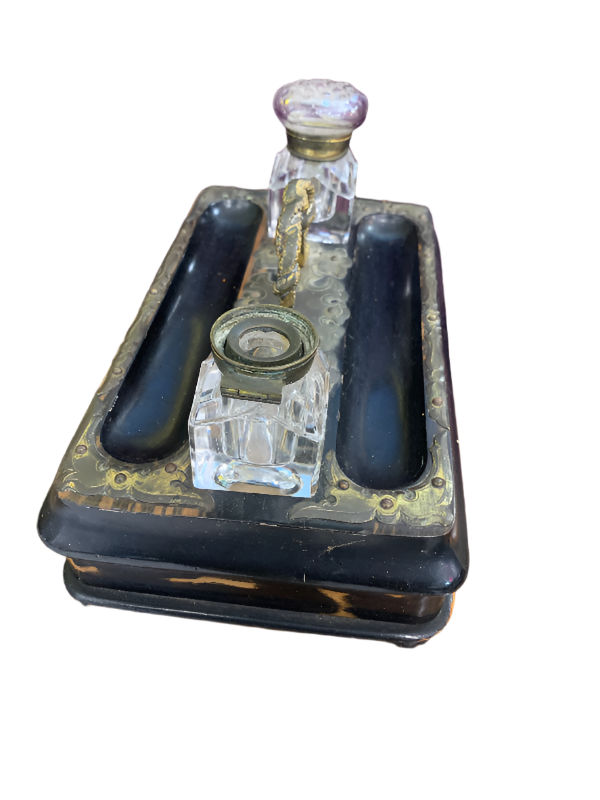 Brass and Lacquered Wood Portable Writing Desk/Box and Inkstand