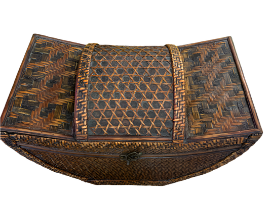 Vintage Chinoiserie Rattan Lidded Basket – Woven Storage Chest with Handles