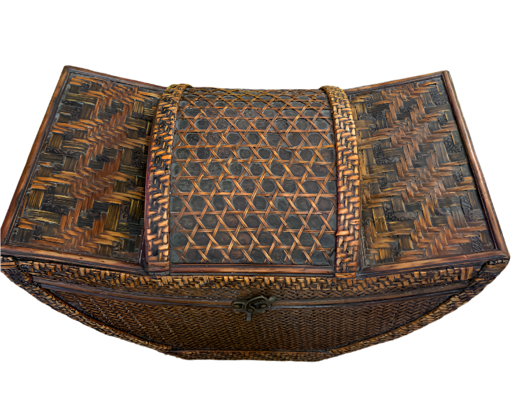 Vintage Chinoiserie Rattan Lidded Basket – Woven Storage Chest with Handles