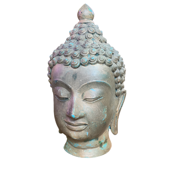 Antique Bronze Buddha Head – 8.5” Tall with Natural Patina
