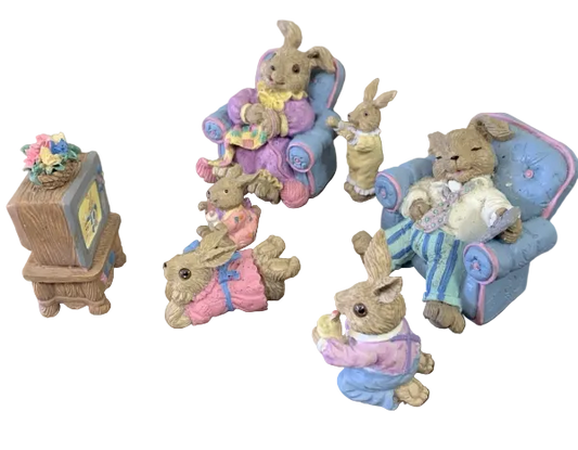Easter Bunny Rabbit Family Figurine Set 7 Pieces