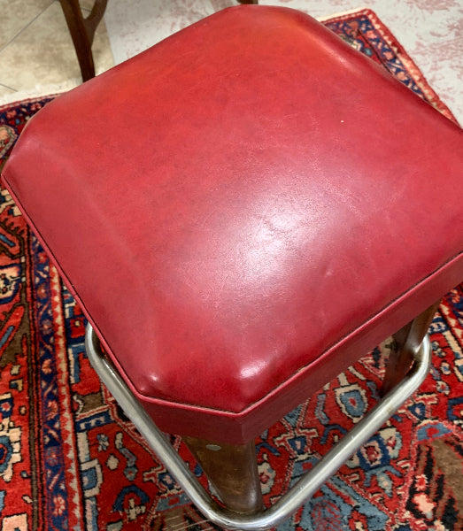 Mid-Century Modern “Moderne Seating Co.” Red Leather Bar Stool – Chrome & Wood