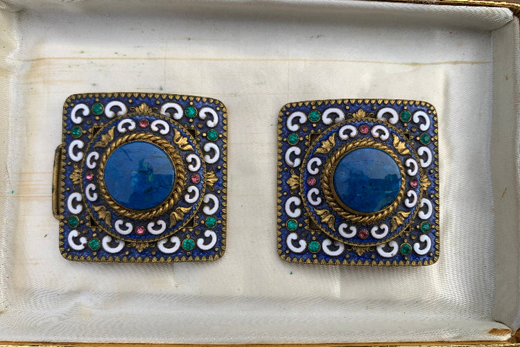 Antique Cloisonné Enamel Shoe Buckle Clip Set – Never Used – Original Box C. 1910s