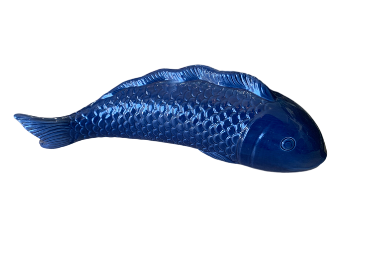 Vintage Ceramic Koi Fish Figurine – Deep Blue Glaze – 14” Long