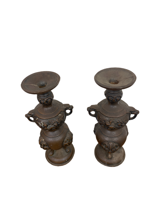 Vintage Japanese Bronze Candlesticks Incense Holders- a Pair