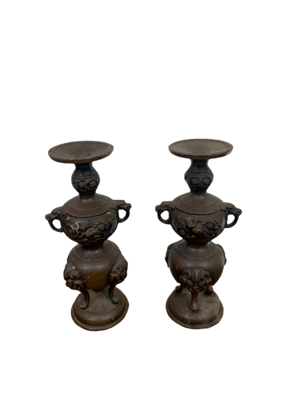 Vintage Japanese Bronze Candlesticks Incense Holders- a Pair