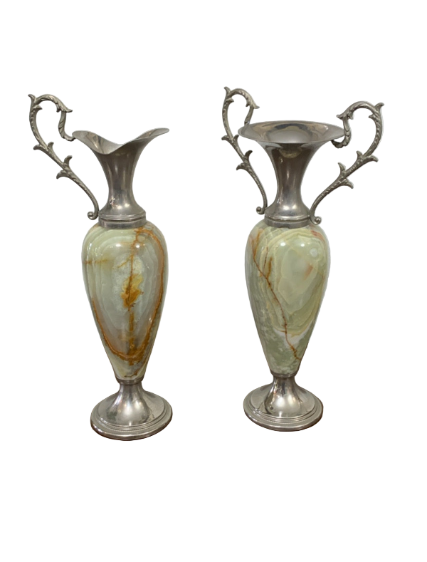 Pair of decorative vases with marbleized design and silver accents