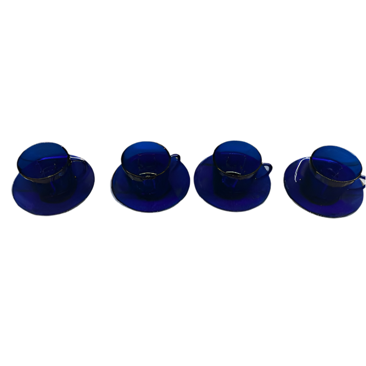 1960s Cobalt Blue Glass Cup & Saucer - Set of Four