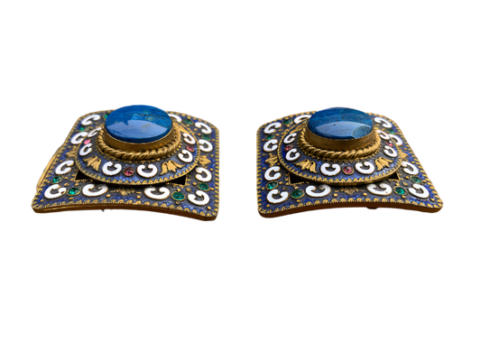 Antique Cloisonné Enamel Shoe Buckle Clip Set – Never Used – Original Box C. 1910s