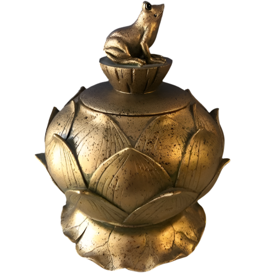 Vintage Painted Gold Leaf Lotus Flower Frog Cache Pot