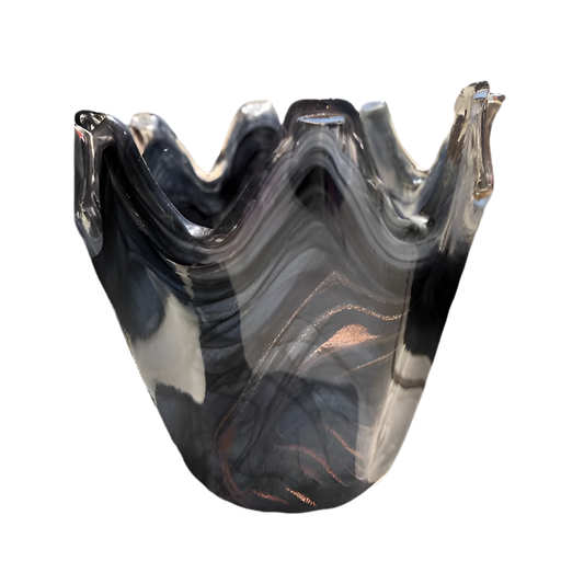 Vintage Murano Art Glass Vase Smokey Gray Black & Gold Sparkle Swirl