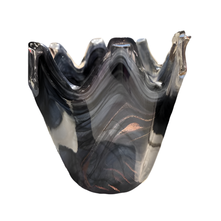 Vintage Murano Art Glass Vase Smokey Gray Black & Gold Sparkle Swirl