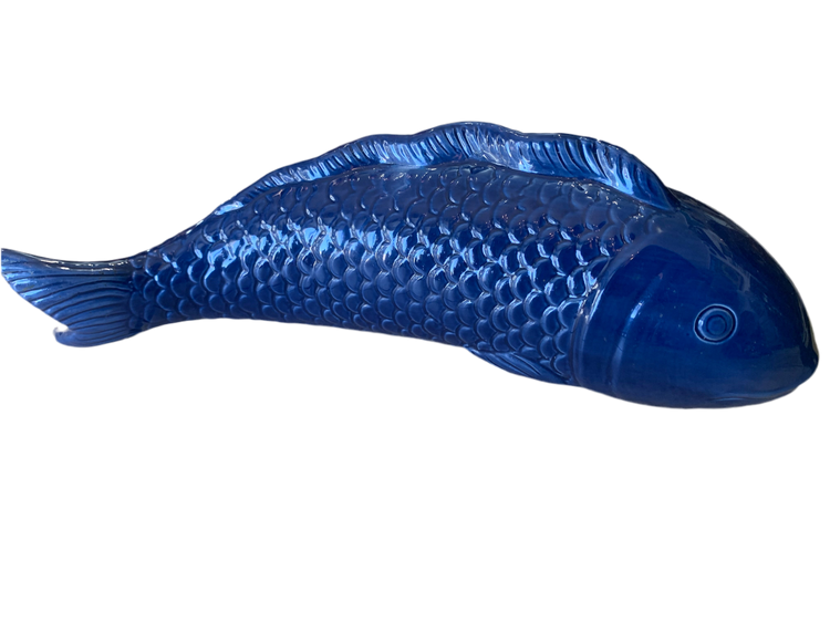 Vintage Ceramic Koi Fish Figurine – Deep Blue Glaze – 14” Long