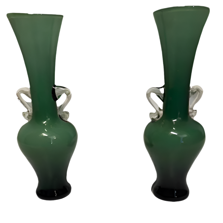 Vintage Hand Blow Green Glass Bud with Handles-A Pair