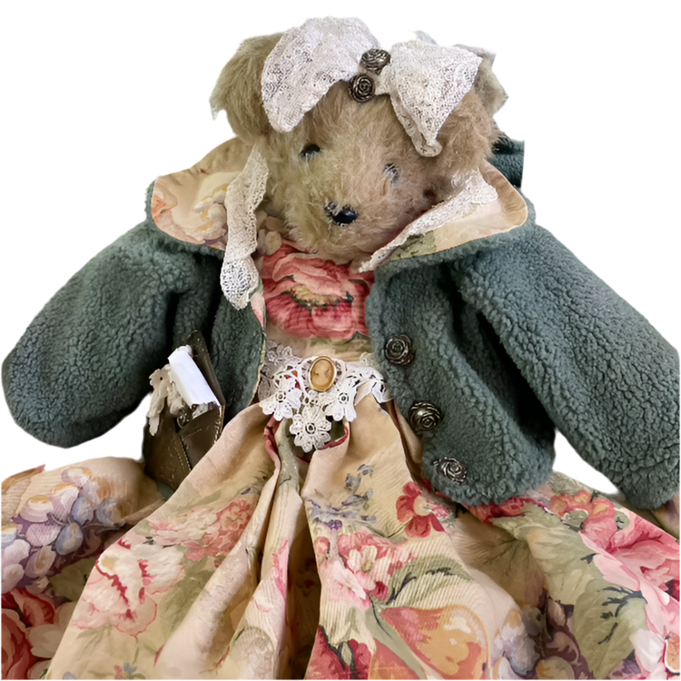 Large Vintage Teddy Bear in Floral Dress