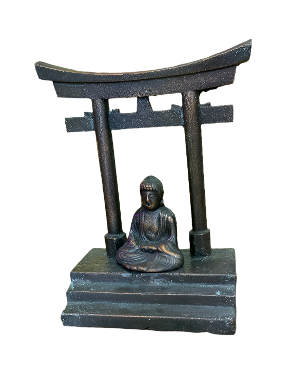 Vintage Bronze Buddha Under Torii Gate Sculpture – Heavy 7” Shrine Figurine