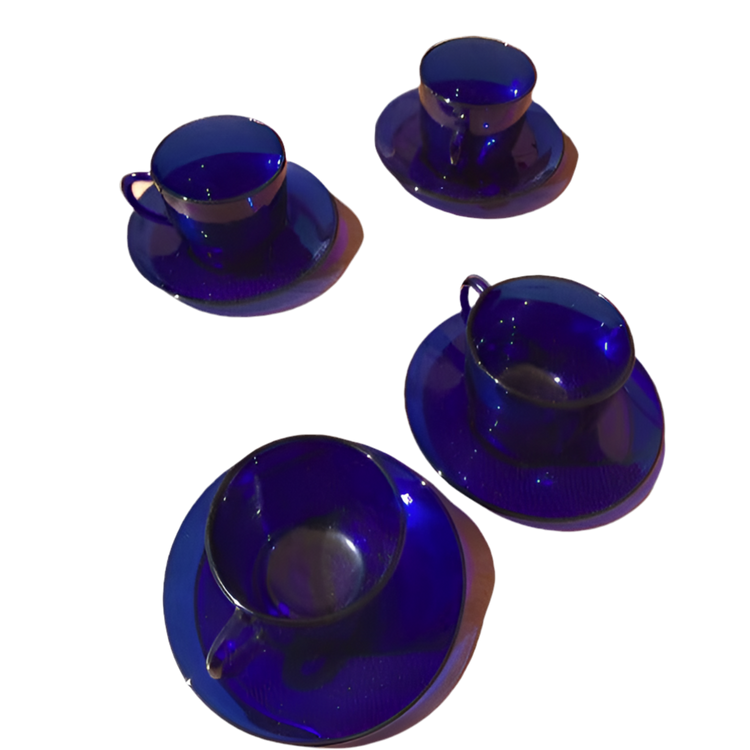 1960s Cobalt Blue Glass Cup & Saucer - Set of Four