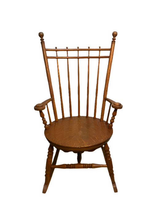 Vintage Spindle Back Maple Rocking Chair – Round Seat, Classic Americana Style