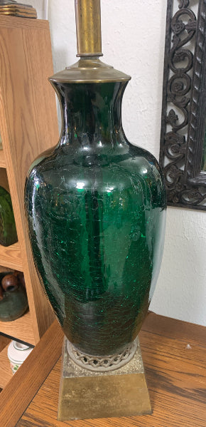 Vintage Green Crackle Glass Table Lamp with Brass Base
