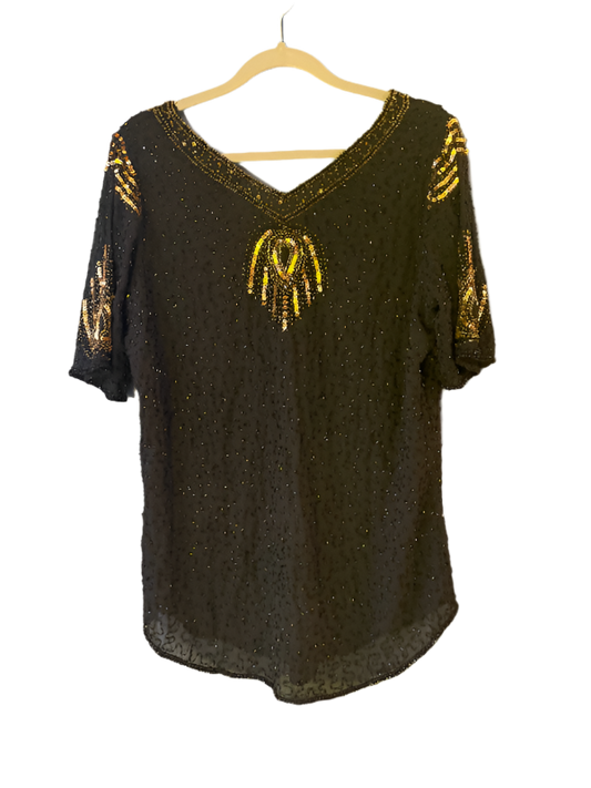 Fair Child Beaded Sequined Black Gold Short Sleeve Top Women's Size Medium