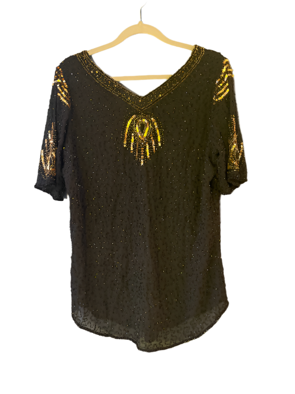Fair Child Beaded Sequined Black Gold Short Sleeve Top Women's Size Medium