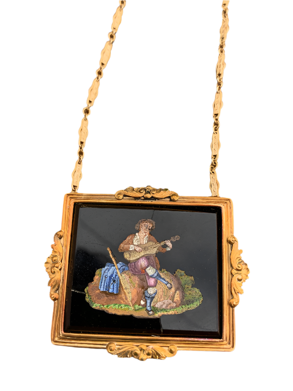 Antique Micro Mosaic Pendant Necklace – 14K Gold Frame