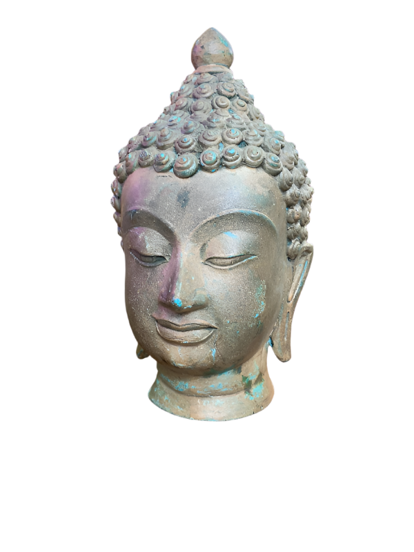 Antique Bronze Buddha Head – 8.5” Tall with Natural Patina