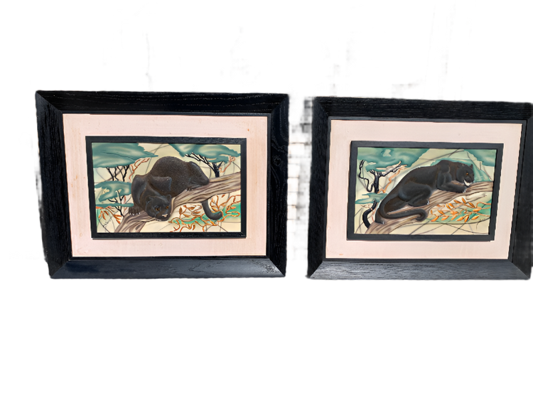 Pair of Vintage Panther Relief Paintings by C.L.E. Pearson – Framed Copper Artworks