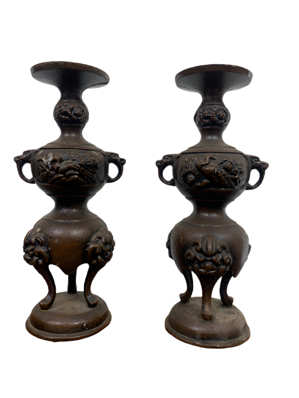 Vintage Japanese Bronze Candlesticks Incense Holders- a Pair