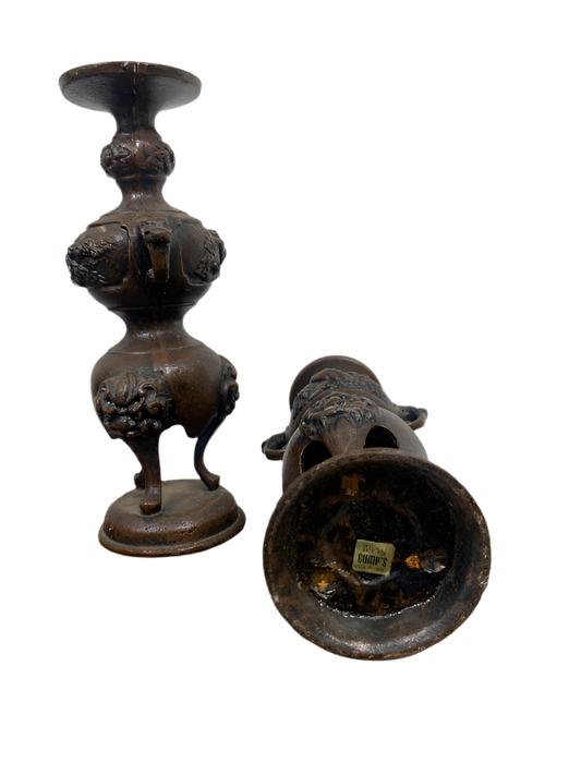 Vintage Japanese Bronze Candlesticks Incense Holders- a Pair