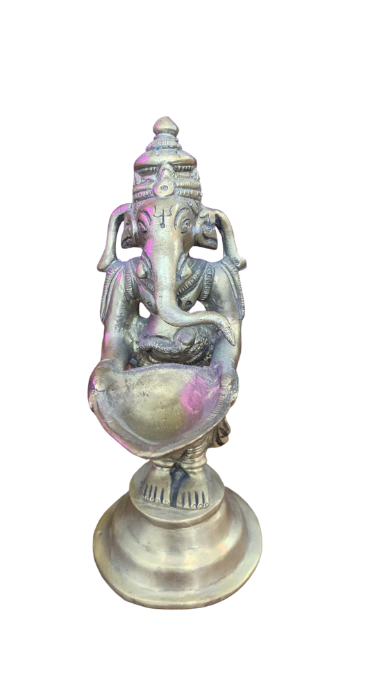 Vintage Brass Ganesha Oil Lamp Hindu Elephant God Puja Diya