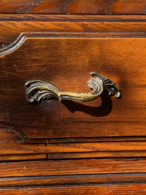 Decorative metal handle on a wooden door
