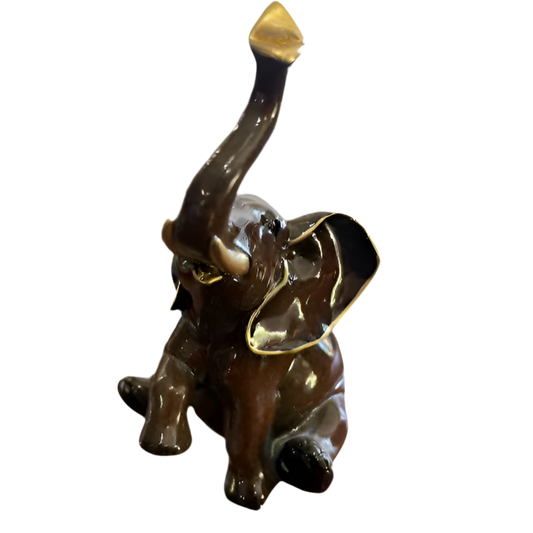 Vintage Brown Ceramic Elephant Figurine with Gold Trim – Good Luck Charm