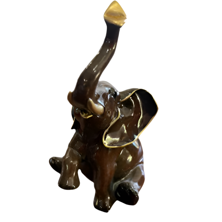Vintage Brown Ceramic Elephant Figurine with Gold Trim – Good Luck Charm