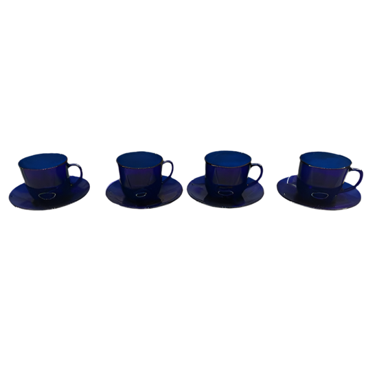 1960s Cobalt Blue Glass Cup & Saucer - Set of Four