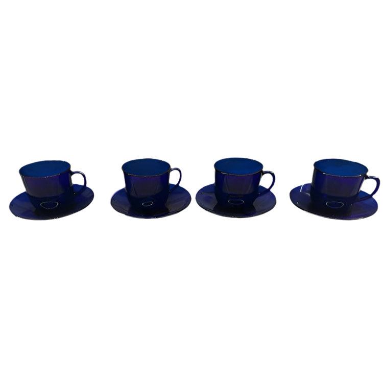 1960s Cobalt Blue Glass Cup & Saucer - Set of Four