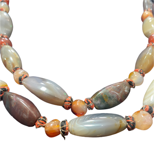 Vintage Polished Agate Stone Necklace Knotted 26 Inch Multicolor Long