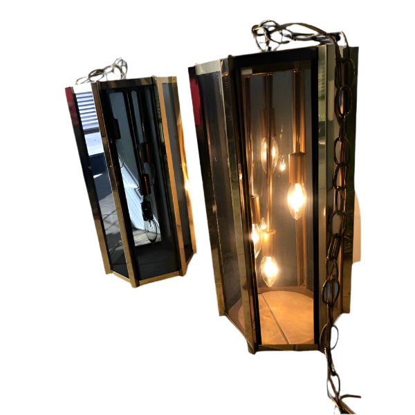 Fredrick Ramond Smoked Glass and Brass Chandelier