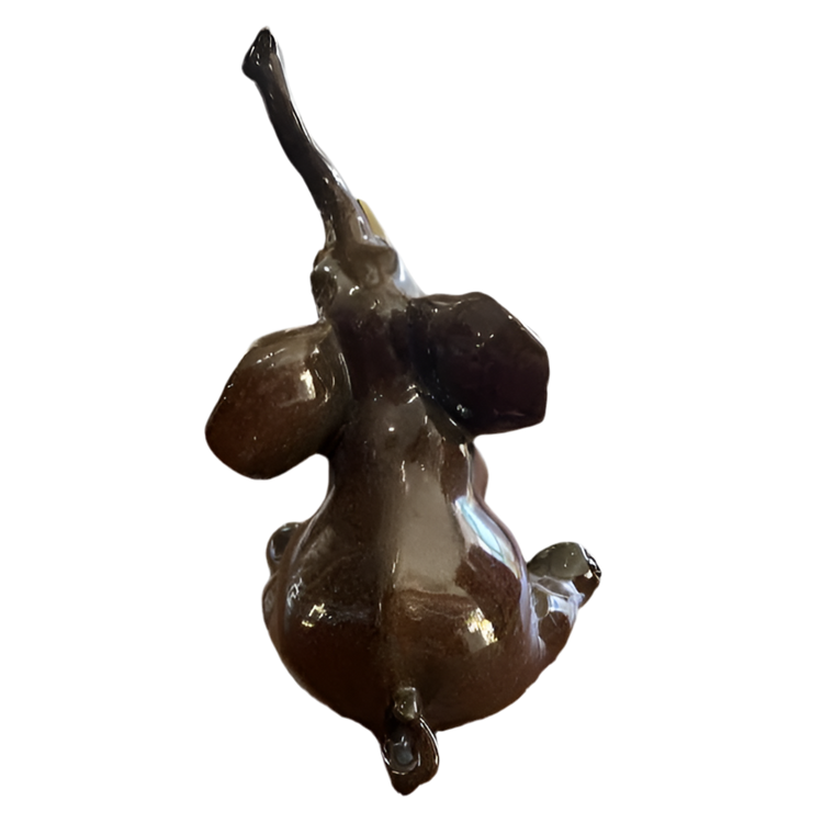 Vintage Brown Ceramic Elephant Figurine with Gold Trim – Good Luck Charm