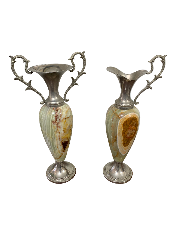 Pair of decorative vases with silver bases and handles