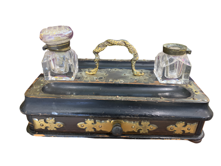 Brass and Lacquered Wood Portable Writing Desk/Box and Inkstand
