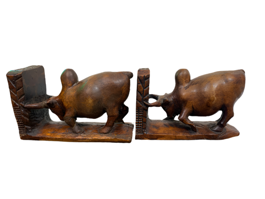 Vintage Hand-Carved Wooden Bull Bookends – Rustic Folk Art Pair
