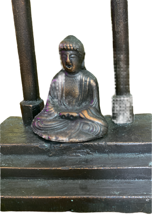 Vintage Bronze Buddha Under Torii Gate Sculpture – Heavy 7” Shrine Figurine