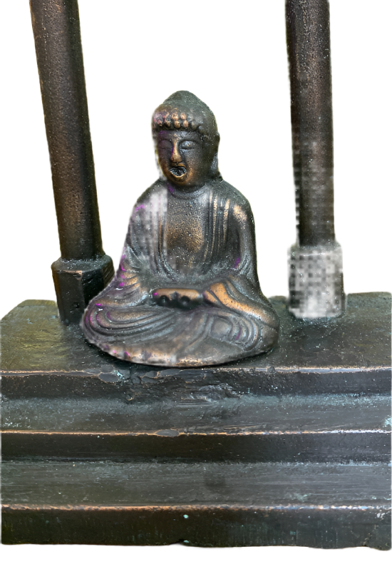 Vintage Bronze Buddha Under Torii Gate Sculpture – Heavy 7” Shrine Figurine