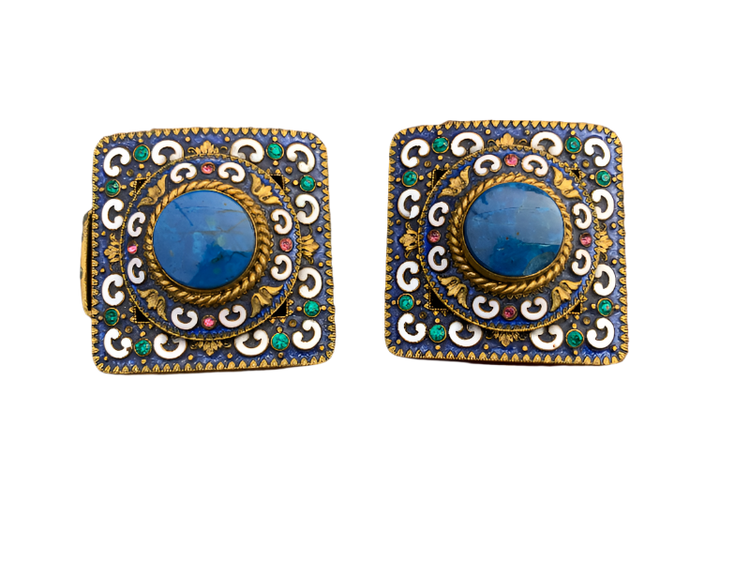 Antique Cloisonné Enamel Shoe Buckle Clip Set – Never Used – Original Box C. 1910s