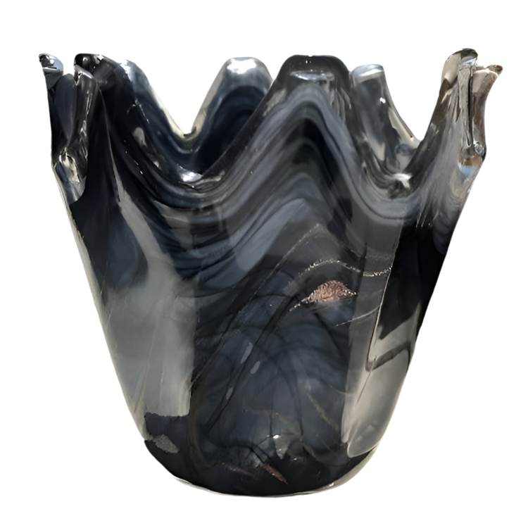 Vintage Murano Art Glass Vase Smokey Gray Black & Gold Sparkle Swirl