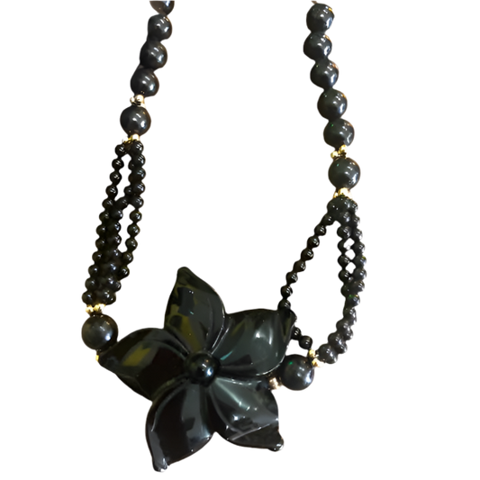 Vintage Black Onyx Flower Necklace