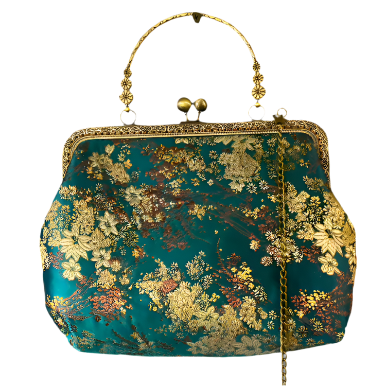 Vintage-Style Handbag With Intricate Gold Floral Embroidery