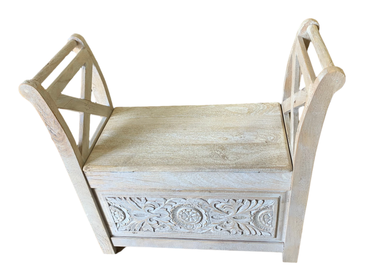 White-Washed Vintage Accent Bench – Rustic Charm with Distressed Finish